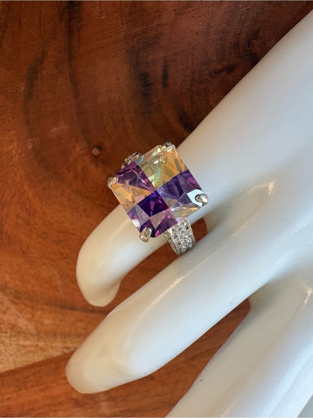 Vintage Sterling Silver Ring with Purple and Yellow Square Gemstone - Size 4.5